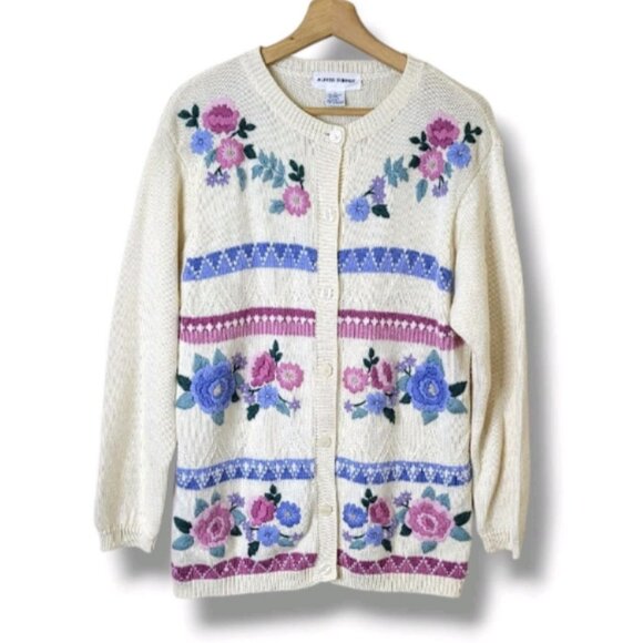 Alfred Dunner Vintage Grandmacore Cardigan Sweater Pastel Embroidered Size Large - Picture 1 of 7
